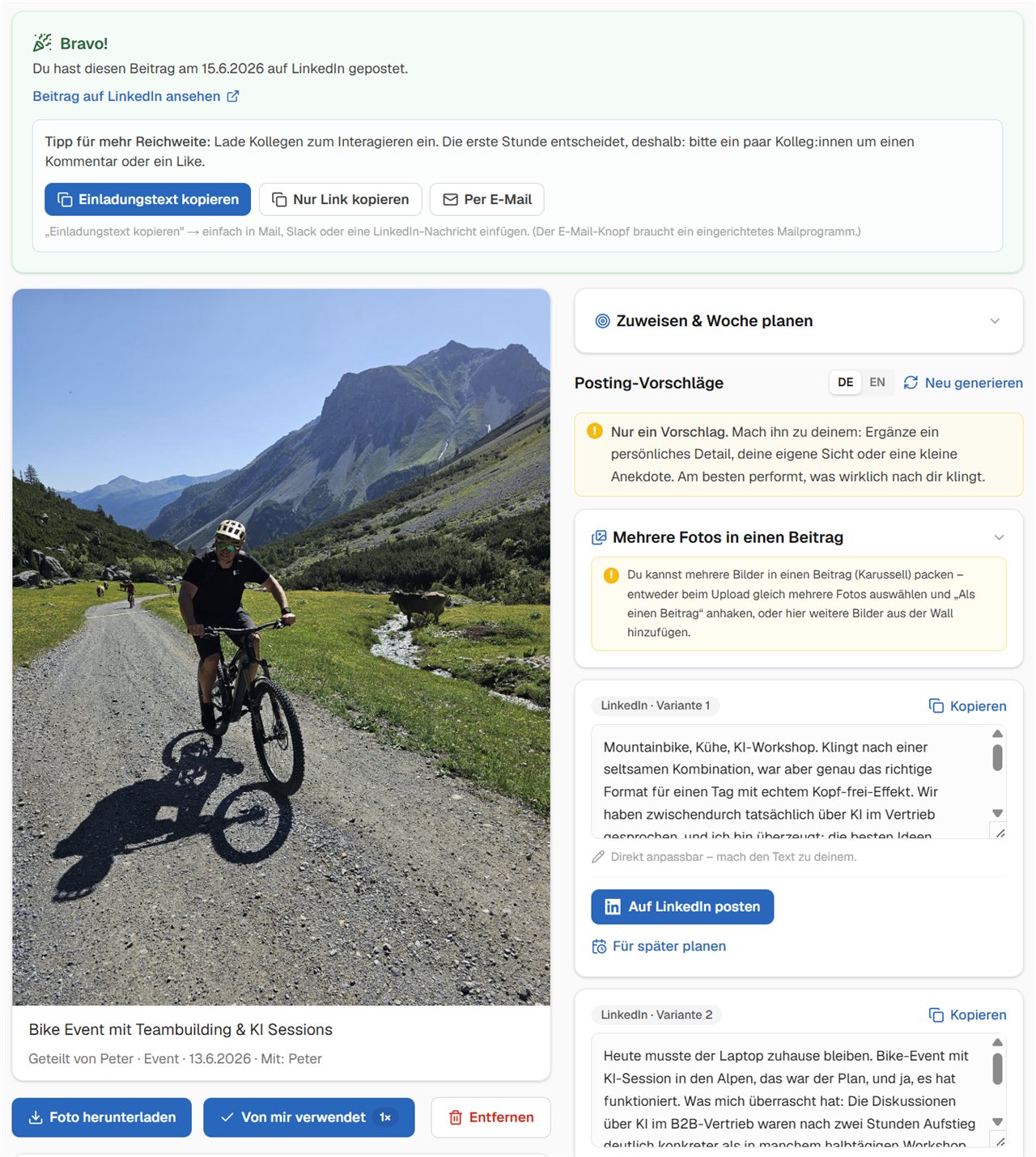 WerkMomente – Moment mit KI-Posting-Vorschlägen, editierbar und personalisierbar