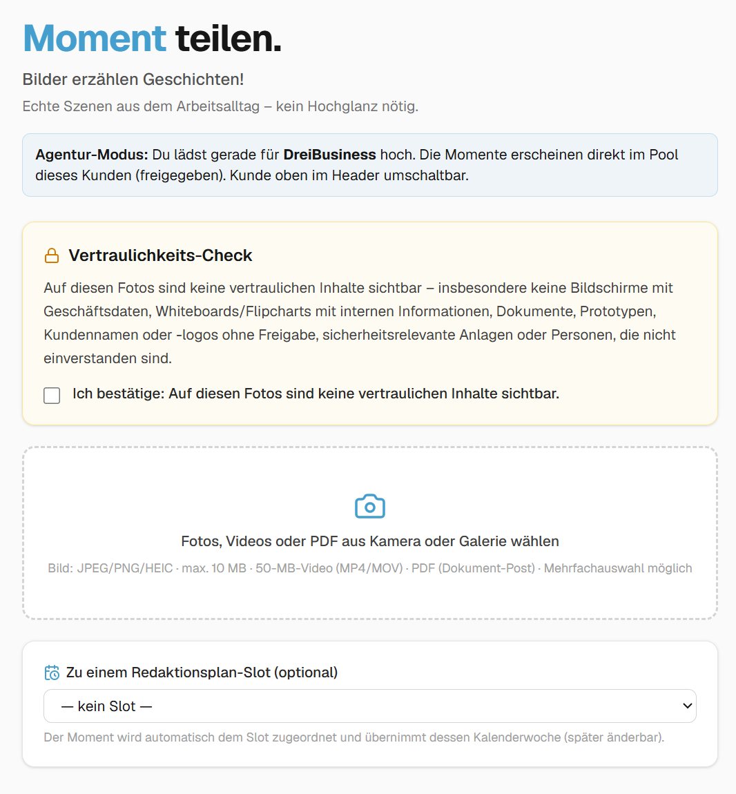 WerkMomente – Moment teilen mit Vertraulichkeits-Check